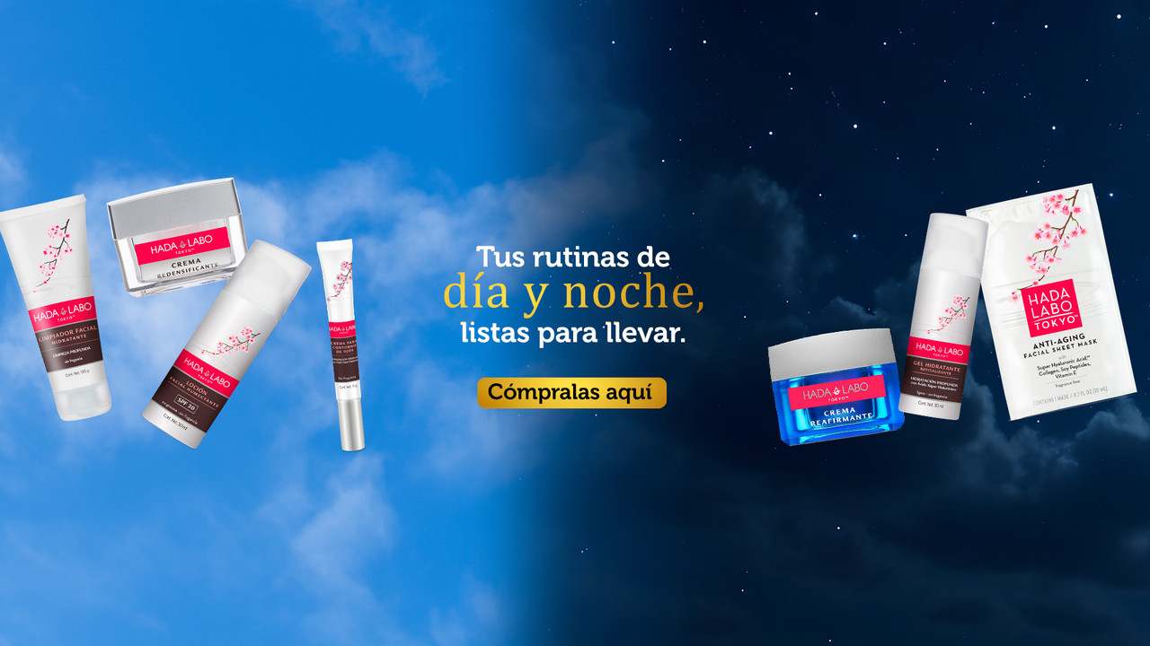 Banner de Hada Labo Tokyo con rutina skincare de día y noche y productos hidratantes.