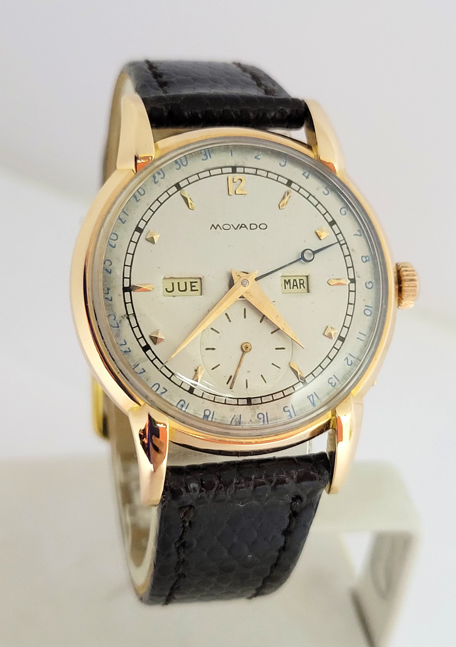 Vintage 18k Rose Gold MOVADO Triple Calendar Winding Mens Watch