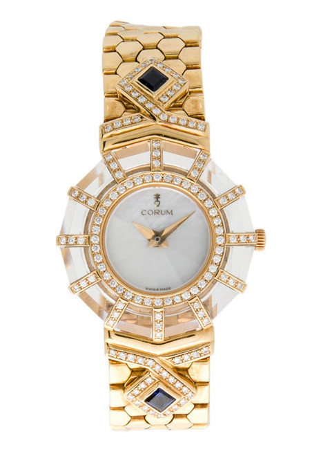 18k Gold CORUM Ladies Watch with Mother-Of-Pearl Diamonds & Sapphires 24.783.65