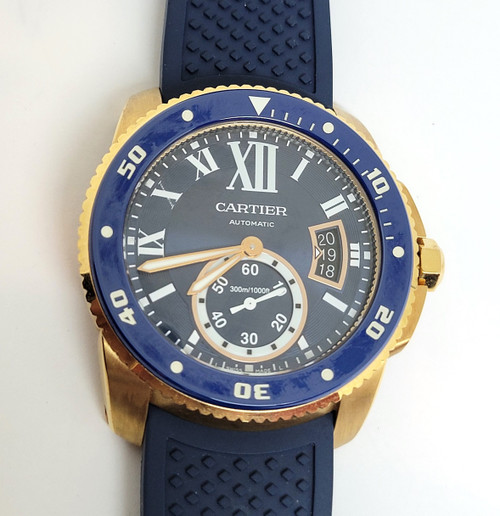 18k Rose CARTIER CALIBRE Blue Dial Automatic Mens Watch Ref 3730* 42MM EXLNT
