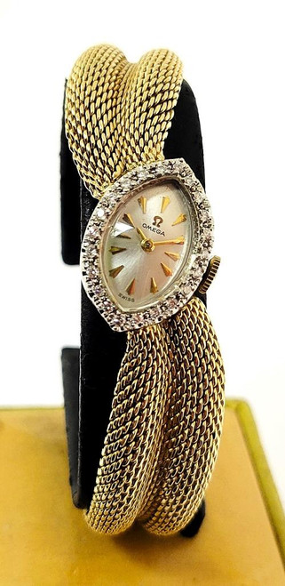 Solid 14k OMEGA A7889 Winding Ladies Watch With 0.30 ct Factory Diamonds EXLNT