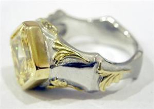 Solid 18k Gold Two Tone Custom Made Men's Ring with Canary CZ