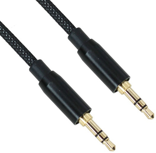 1 Foot 3.5mm (1/8") TRS Stereo Male to Male Braided Nylon Sleeve Cable, Metal Shell, Gold Plated
