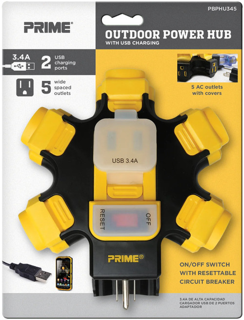 PRIME 5-Outlet Power Hub with 2-Port 3.4-Amp USB Charger