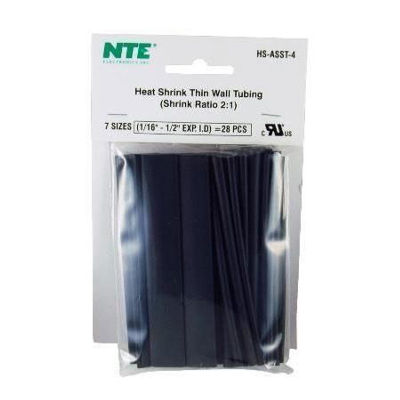 NTE HS-ASST-4 28 Pieces 4 Inch Thin Wall Heat Shrink 2:1, Black, Assorted sizes