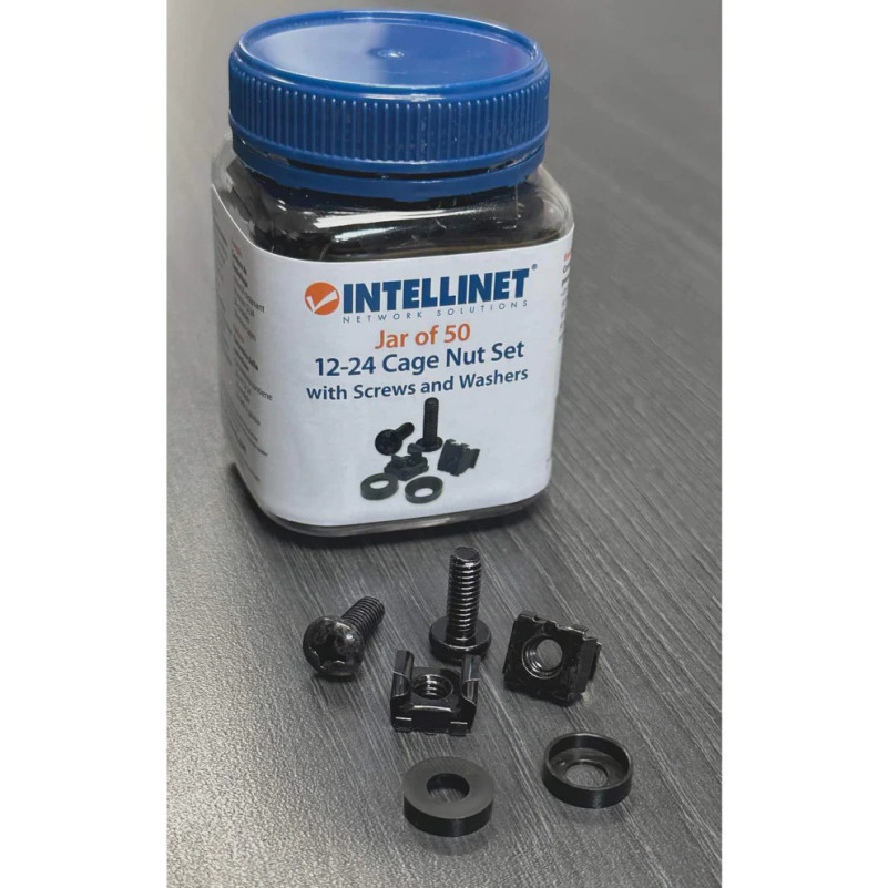 Intellinet Jar of 50 12-24 Cage Nuts with Screws and Washers (Ships from Florida)