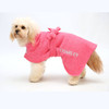 Cavapoo, Charley wearing a pink dog dressing gown, personalised with her name by Dogrobes UK.