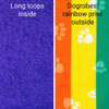 Rainbow dog drying robe fabric close up, with super-absorbent towelling fabric inside and a rainbow pattern outside.