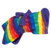 Rainbow patterned dog drying coat from Dogrobes UK, with paw prints within the pattern and a purple tie around the waist.