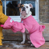 Dogrobes' pink dog drying mitts being used to dry a boxer’s legs and paws. Boxer is wearing a pink dressing gown for a dog.