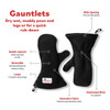 Features of black dog drying mitts including wide opening at the wrist for bulky jackets, innovative fabric, reversible.