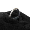 Black dog dressing gown by Dogrobes showing harness access with D ring visible through opening in the dog drying coat.