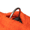 Orange dog dressing gown by Dogrobes showing harness access with D ring visible through opening in the dog drying coat.