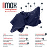 A Navy Dogrobe MAX with all its features labelled. The tagline reads Maximum Coverage + Maximum Comfort.