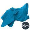 A teal dog robe made of super-absorbent fabric for drying your dog, with a chest plate and high collar for more coverage.