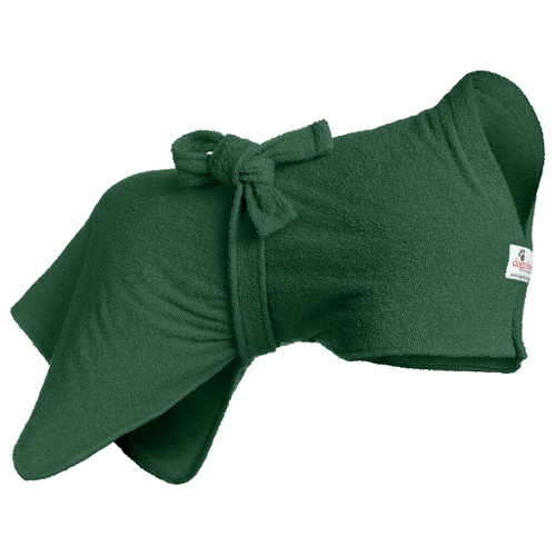 Green dog dressing gown by Dogrobes UK in towelling fabric. A 3-in-1 towelling robe for dogs to dry, warm and comfort them.