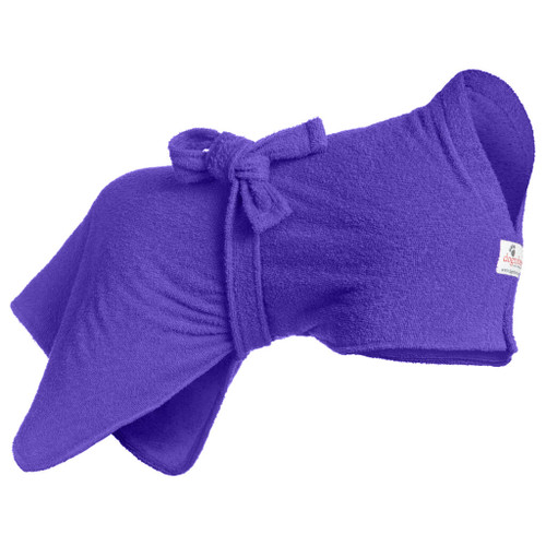 Purple dog dressing gown by Dogrobes UK in towelling fabric. A 3-in-1 towelling robe for dogs to dry, warm and comfort them.