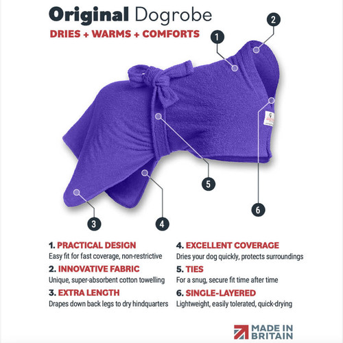 Six features and benefits of Dogrobes purple dog drying coat, which dries , warms and comforts dogs and is made in Britain.