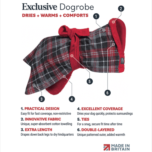 Six features and benefits of Exclusive tartan dog robe, which dries , warms and comforts your dog and is made in Britain.