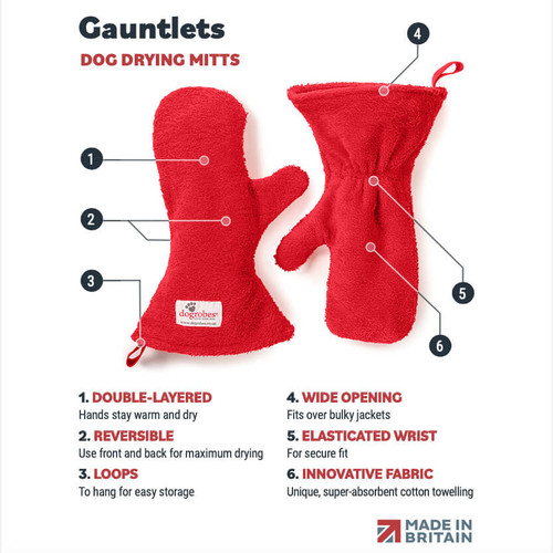 Dogrobes' dog drying mitts' features: double layered, reversible, hanging loops, innovative fabric, elasticated wrist. Dogrobes' dog drying mitts' features: double layered, reversible, hanging loops, innovative fabric, elasticated wrist.