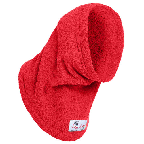 Red dog Snood by Dogrobes made from super-absorbent towelling fabric in the UK. For drying your dog’s head, neck and ears.