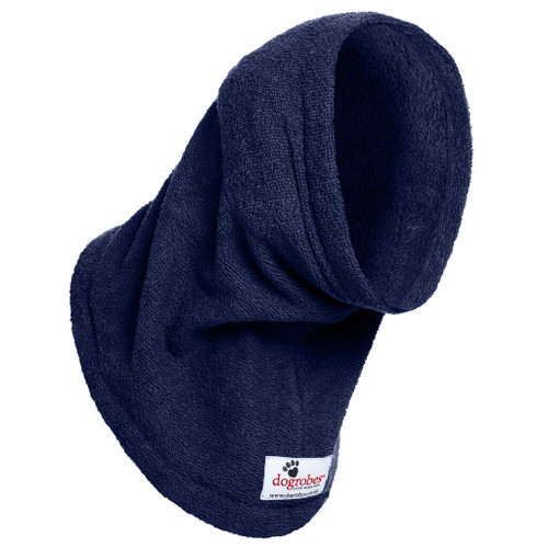 Navy dog Snood by Dogrobes made from super-absorbent towelling fabric in the UK. For drying your dog’s head, neck and ears.