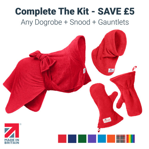 Complete the Kit bundle showing Dogrobe Snood and Gauntlets in red with save £5 offer