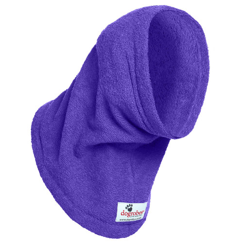 Purple dog Snood by Dogrobes made from super-absorbent towelling fabric in the UK. For drying your dog’s head, neck and ears.