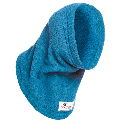 Dog Snood in teal towelling fabric from Dogrobes UK. Super-absorbent fabric. Used for drying your dog’s head, neck and ears.
