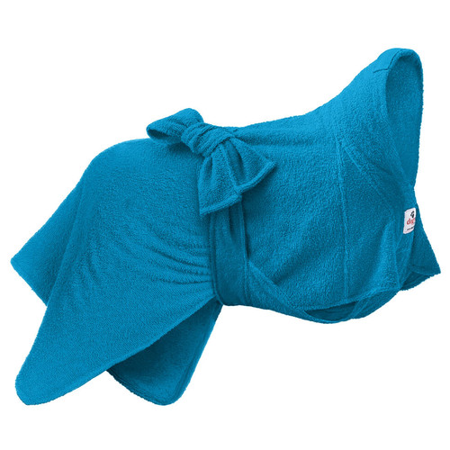 A teal dog robe made of super-absorbent fabric for drying your dog, with a chest plate and high collar for more coverage.