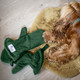 Sleeping Cocker Spaniel lying next to a pair of green dog drying mitts from Dogrobes. Made from green absorbent towelling.