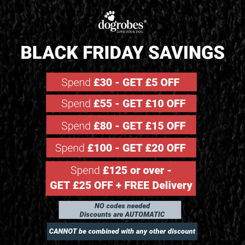 Dogrobes Black Friday Savings event graphic showing spend and save tiers