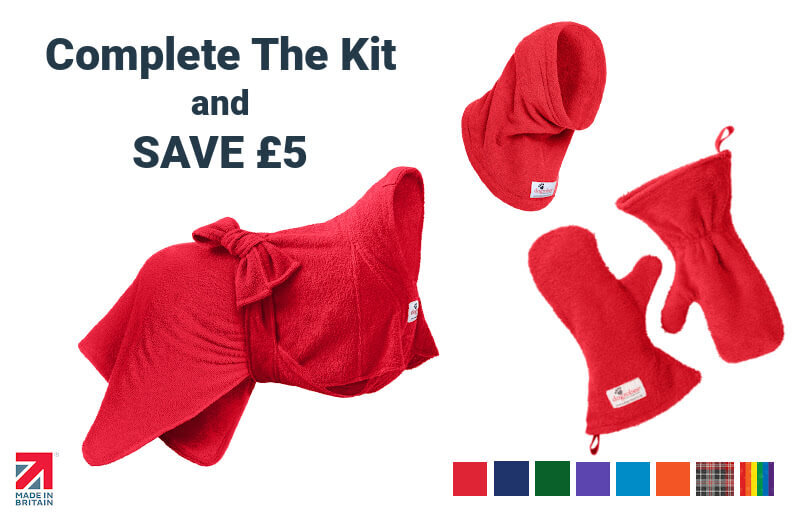 Complete the Kit bundle showing Dogrobe Snood and Gauntlets in red with save £5 offer