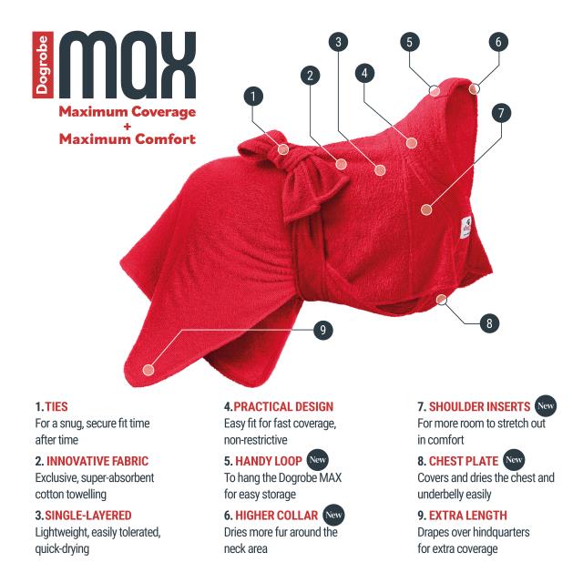 Red dog robe, the Dogrobe MAX: chest plate and higher collar for maximum coverage and shoulder inserts for maximum comfort.