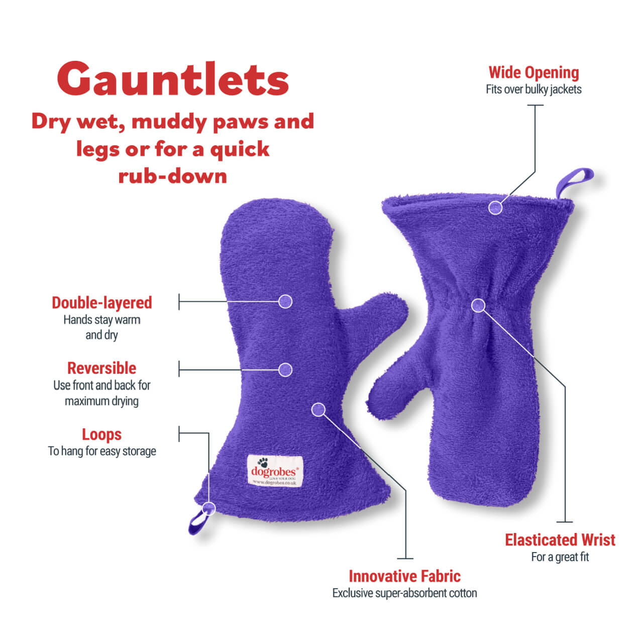 Features of purple Dogrobes' Gauntlets, dog drying mitts including hanging loop, innovative fabric and elasticated wrist.