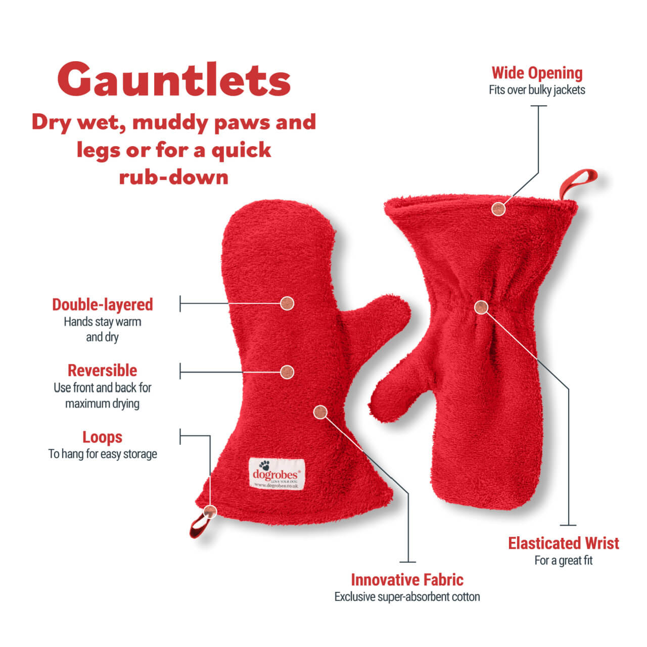 Features of red dog drying mitts wide opening, elasticated wrist, innovative fabric, hanging loop, reversible, double-layered.