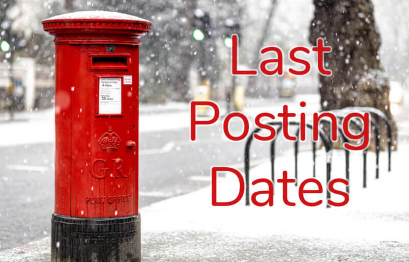 Last posting dates image with red postbox in the snow for Christmas delivery information