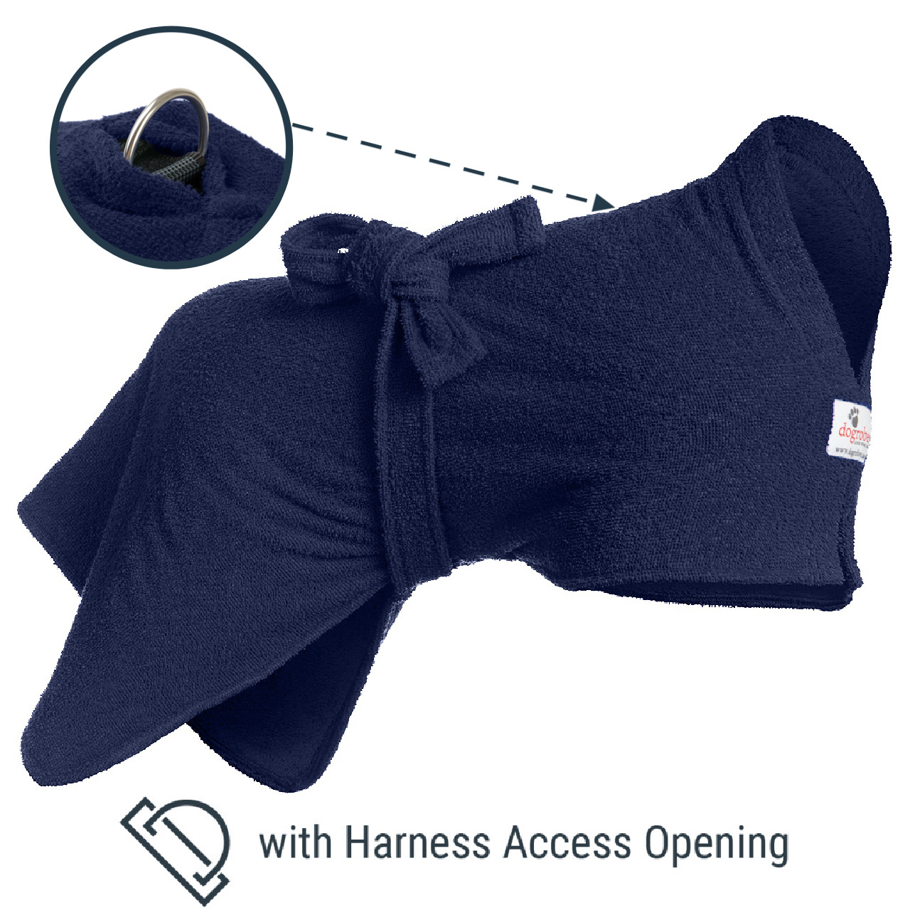Shows position of harness access opening between ties and collar of Dogrobes navy towelling dog robe.  