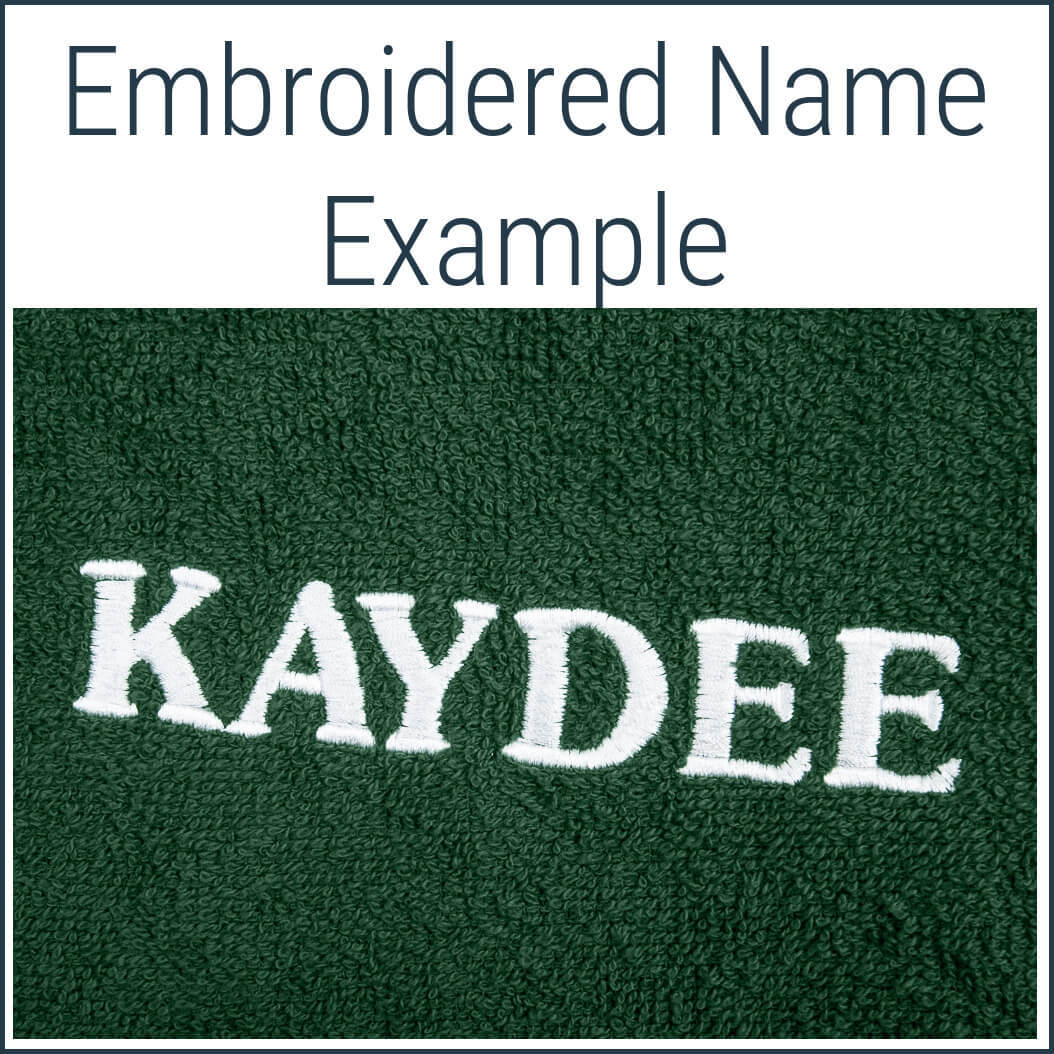 Example of Dogrobes personalisation embroidery on a Green Dogrobe MAX