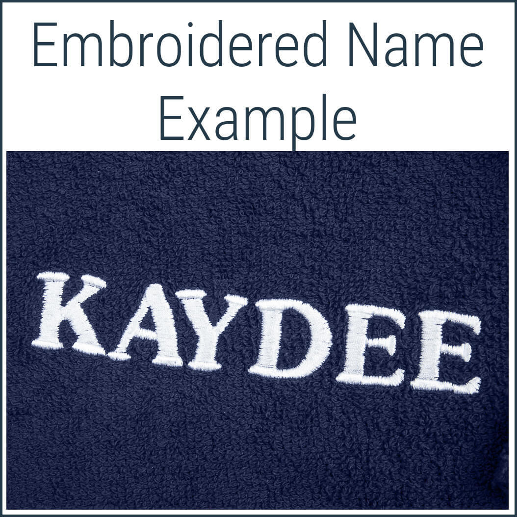 Example of Dogrobes personalisation embroidery on a Navy Dogrobe MAX