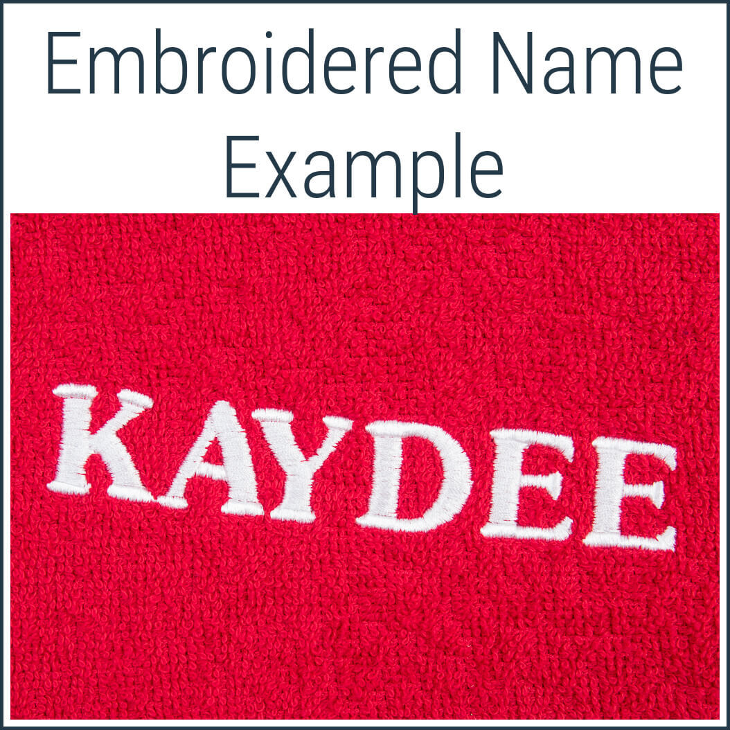 Embroidered dog’s name (Kaydee). Sewn in capitals with white thread on Dogrobes’ unique red cotton towelling. 