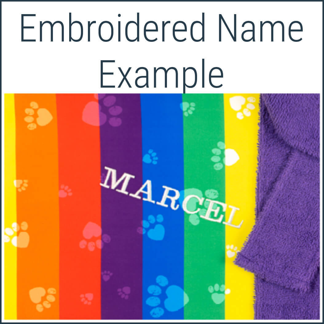 Example of embroidery on Dogrobes Rainbow Exclusive dog towelling robe