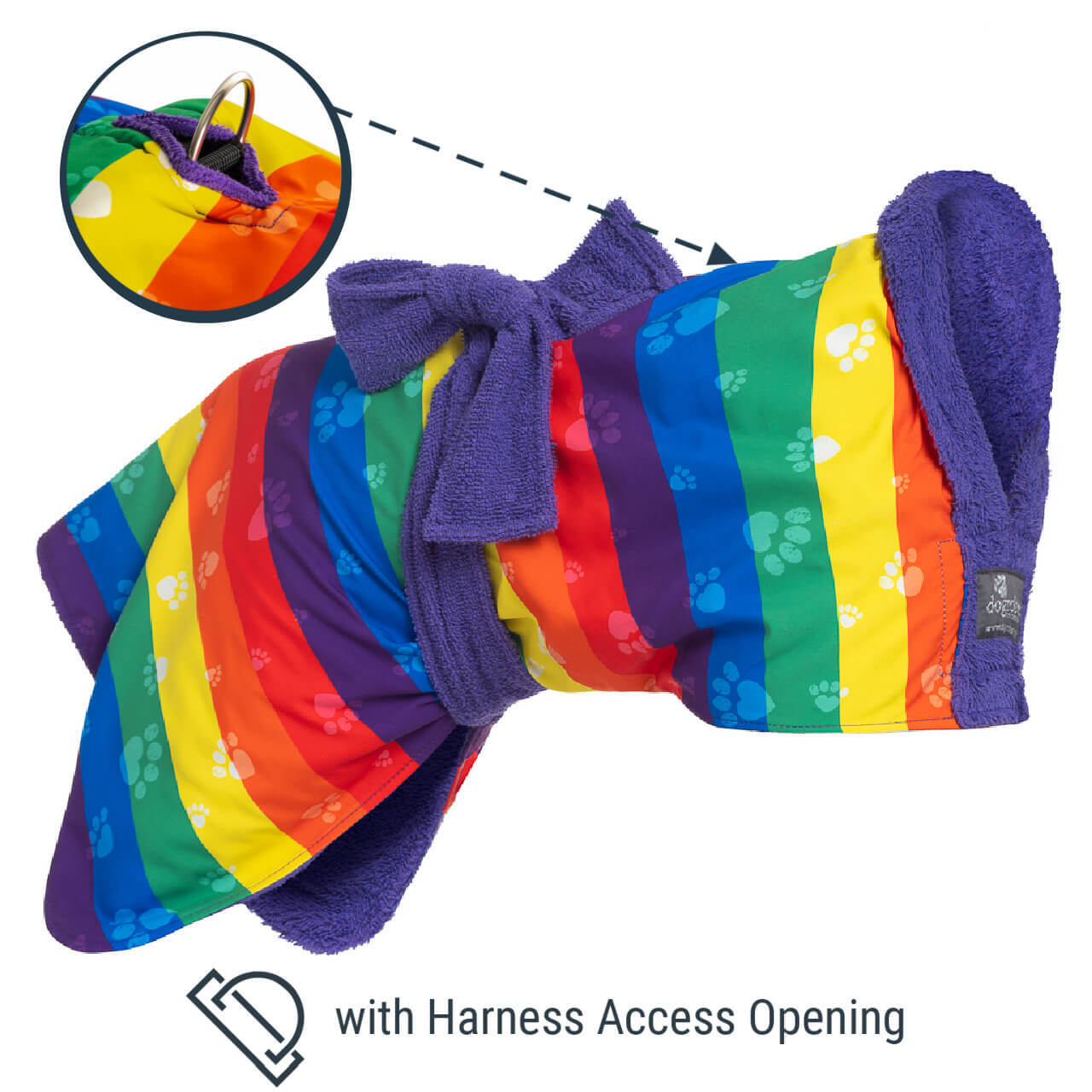 Dogrobes Rainbow dog drying coat with harness access opening location shown