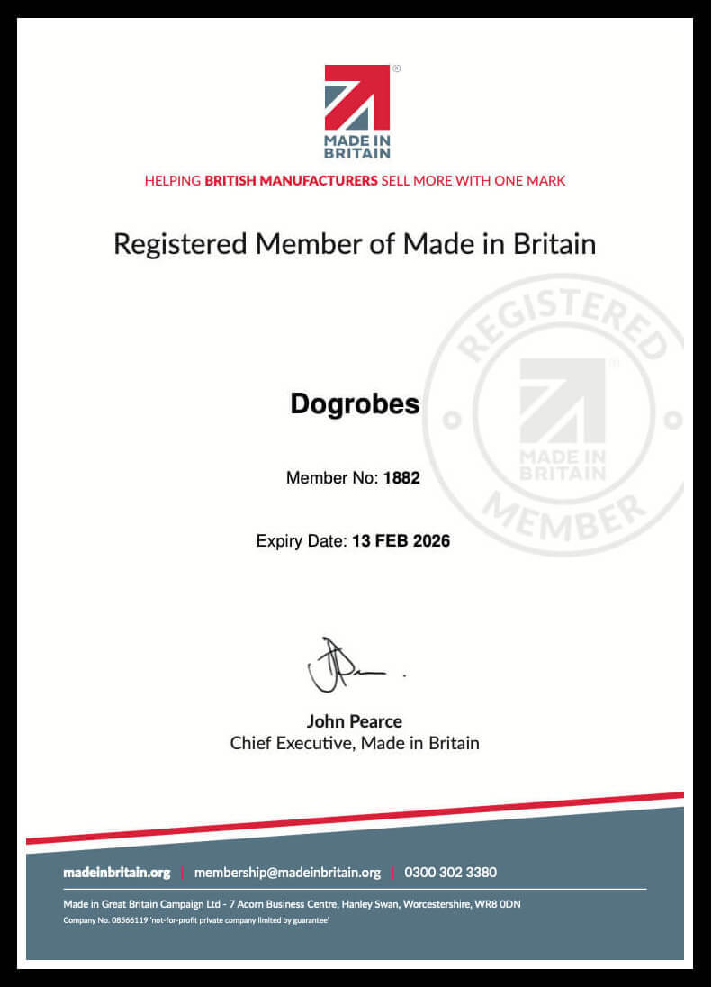 Dogrobes official Made in Britain certificate showing verified British manufacturing