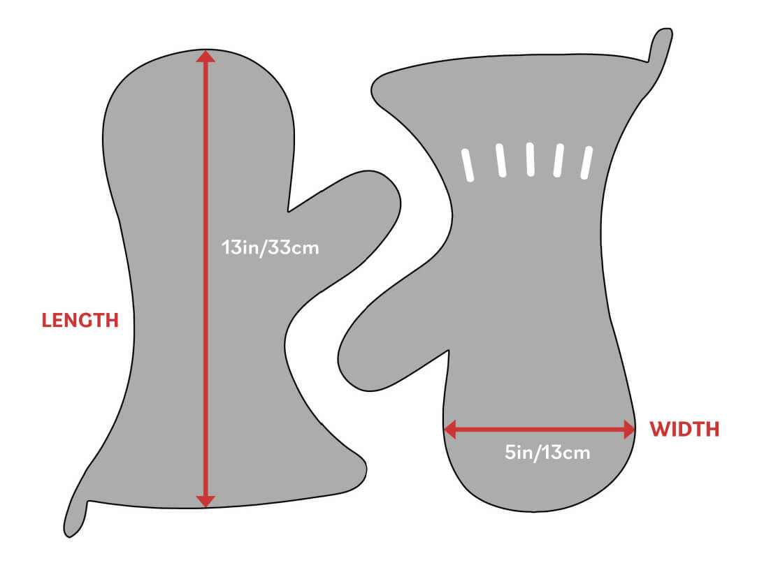 dogrobes-drying-gauntlets-measurements Dogrobes Gauntlets measuring guide showing length 13in/33cm and width 5in/13cm