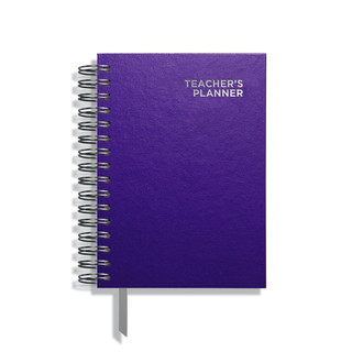 Pirongs Teacher Planner with a purple cover and TEACHER PLANNER embossed on the cover in silver foil, with a silver wire and grey ribbon