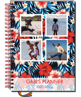 Pirongs Designer Notebook with a ‘your photo’ cover design and a Hawaii flowers background with photos of a family having fun