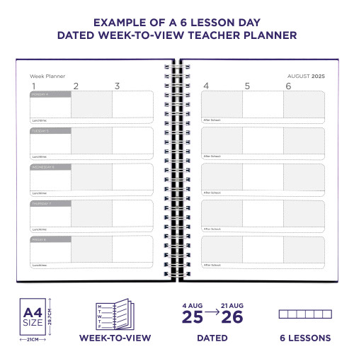 Example pages from a Pirongs Teacher Planner with 6 lesson dated week-to-view planning pages Example pages from a Pirongs Teacher Planner with 6 lesson dated week-to-view planning pages