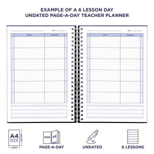 Example pages from a Pirongs Teacher Planner with 6 lesson undated page-a-day planning pages Example pages from a Pirongs Teacher Planner with 6 lesson undated page-a-day planning pages