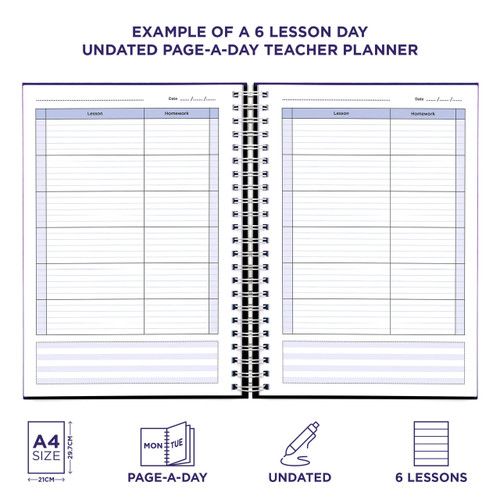 Example pages from a Pirongs Teacher Planner with 6 lesson undated page-a-day planning pages Example pages from a Pirongs Teacher Planner with 6 lesson undated page-a-day planning pages